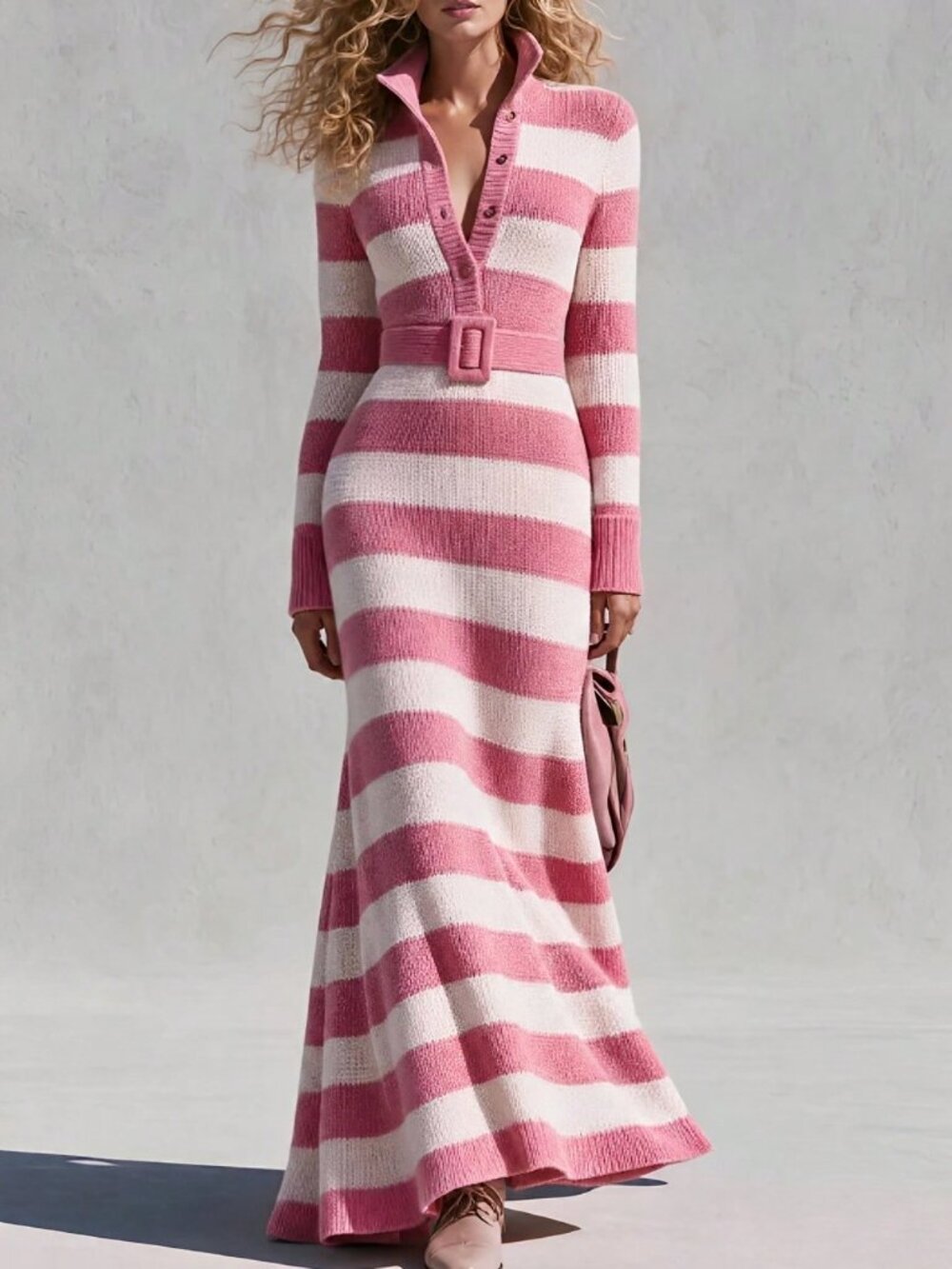 Pink Casual Women's Elegant Striped Knit Maxi Dress